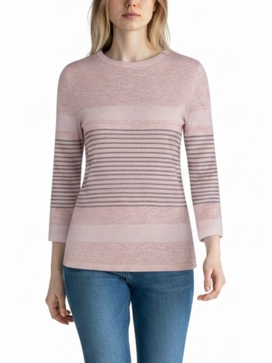 None Tops - Women's Pink Striped Long Sleeve Crewneck Top